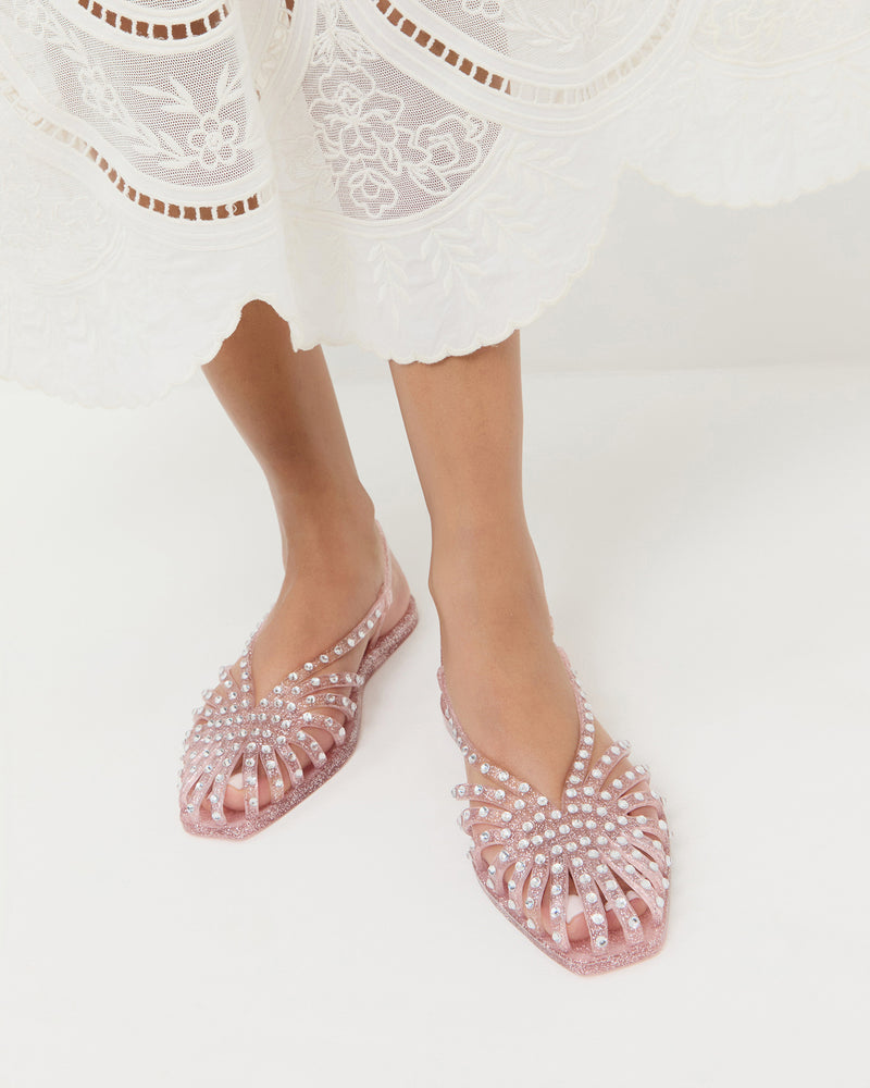 Devon Pink Jelly Slingback Sandal in pink jelly with crystal embellishments.