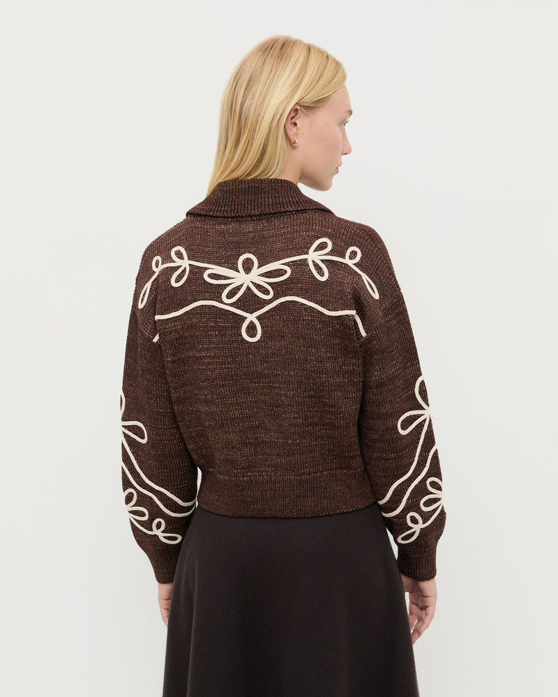 Diaz Sweater in brown wool and Linnea Skirt.