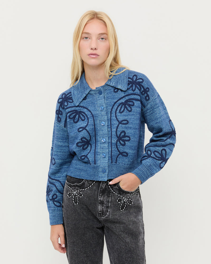 Diaz Sweater in navy wool and Magnolia Denim Pant in washed black denim.