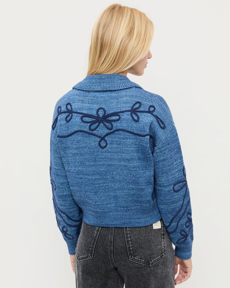 Diaz Sweater in navy wool and Magnolia Denim Pant in washed black denim.