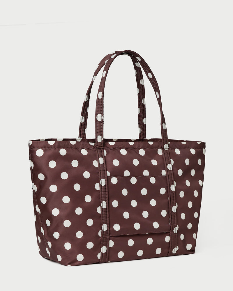 Dina Brown/Cream Travel Tote in brown and cream polka dot.