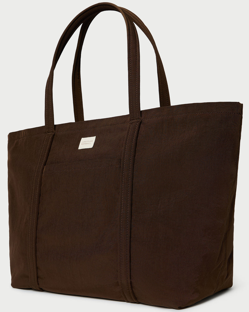 Dina Chocolate Travel Tote in chocolate brown water-resistant nylon.
