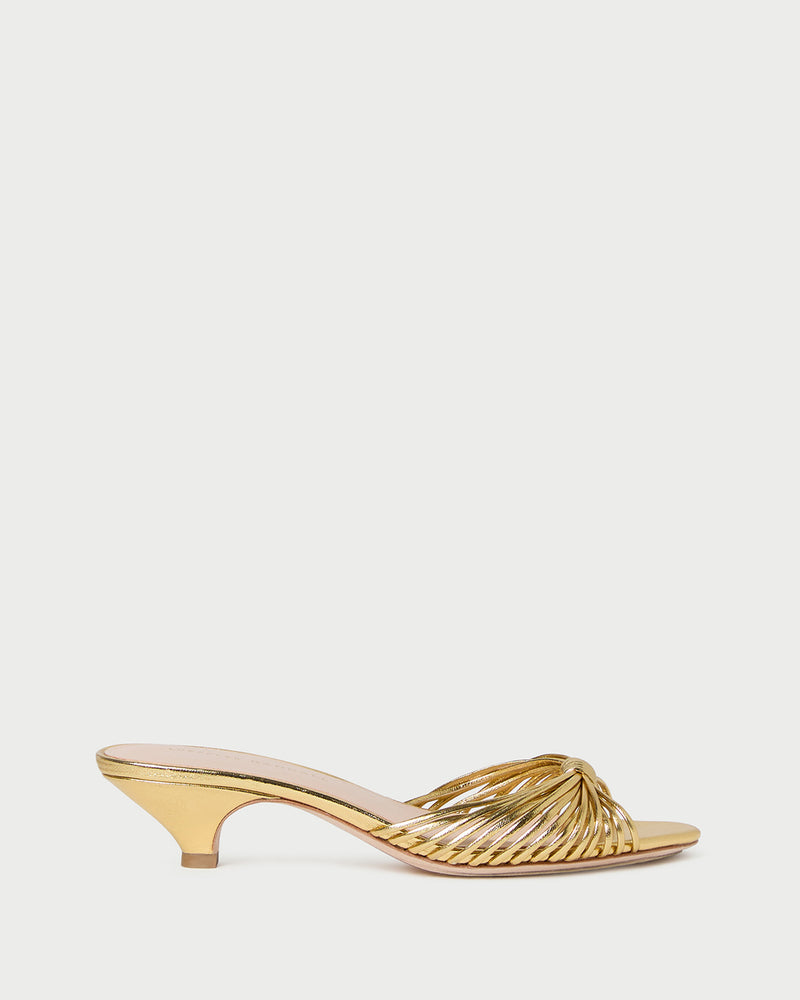 Dixie Gold Leather Kitten Heel in gold metallic leather and Gaia Dress in mint and yellow floral cotton ramie.