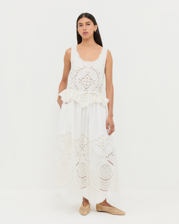 Dominique Milk Lace Paneled Dress and Emery Natural Crochet Ballet Flat.