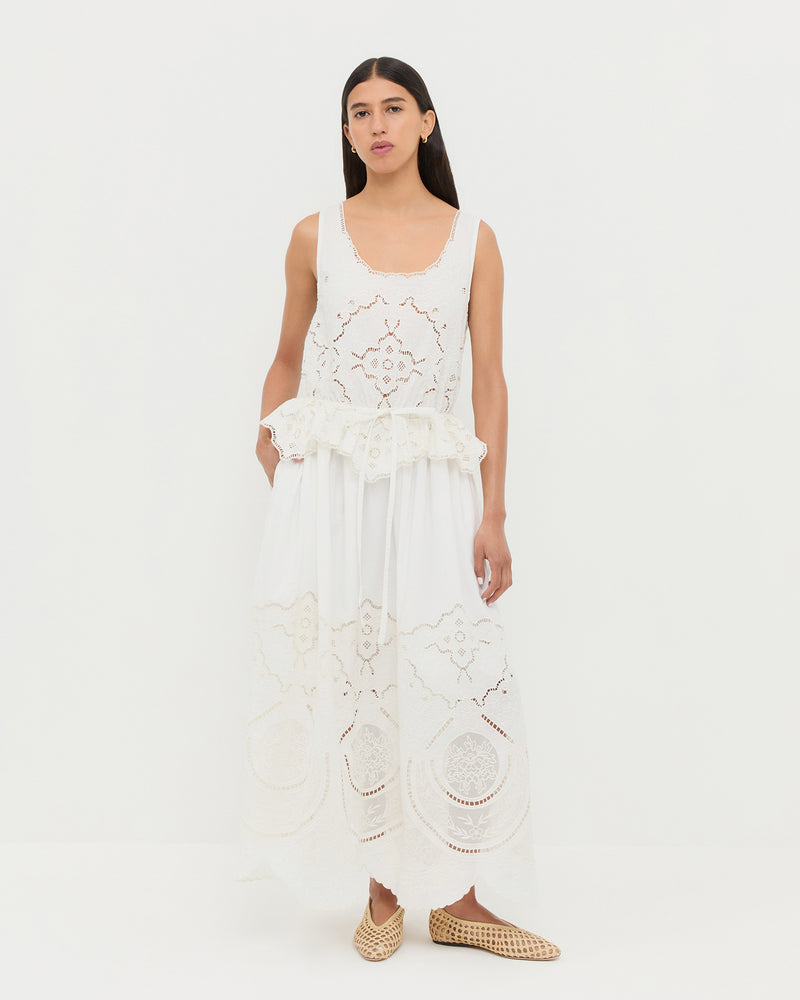 Dominique Milk Lace Paneled Dress and Emery Natural Crochet Ballet Flat.