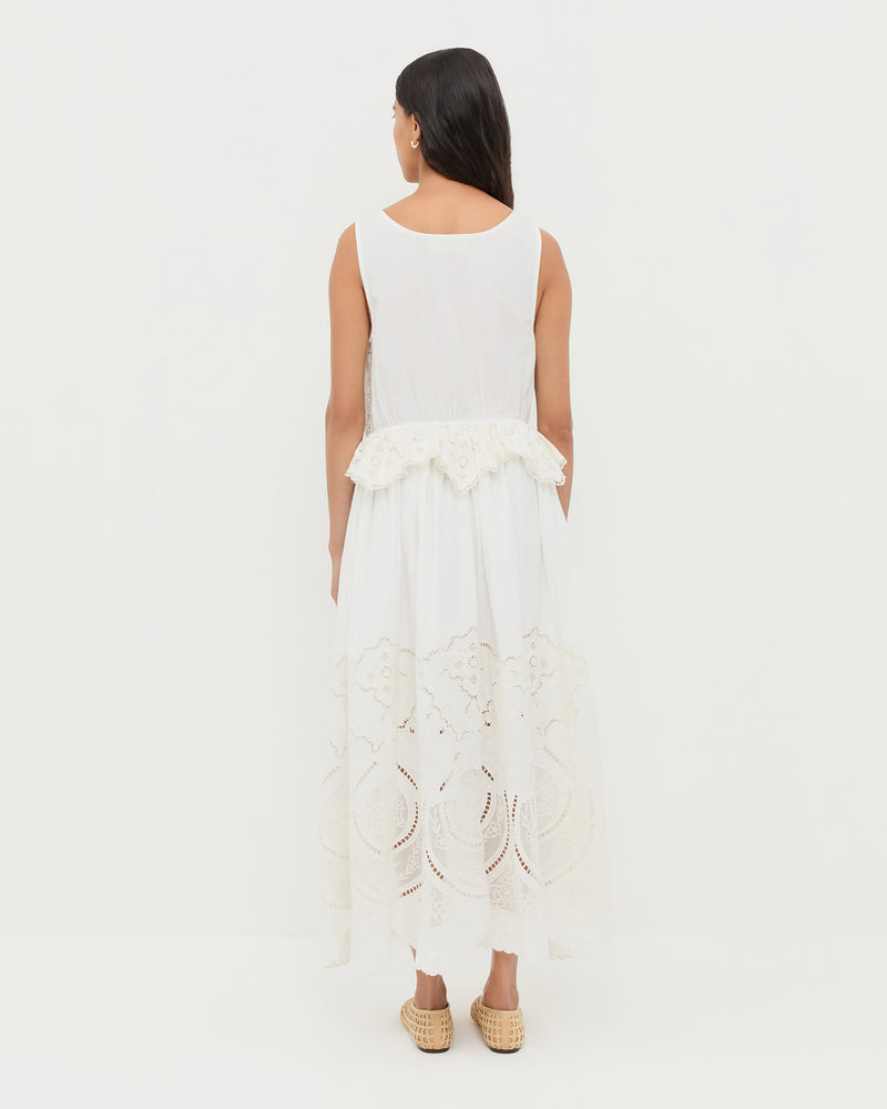 Dominique Milk Lace Paneled Dress and Emery Natural Crochet Ballet Flat.