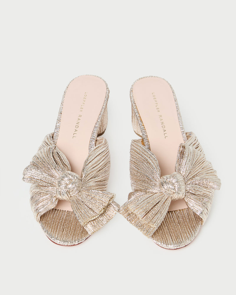 Emilia Champagne Pleated Bow Heel in champagne Italian lamé