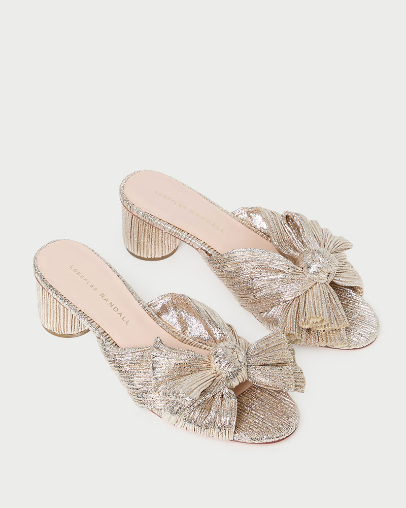 Emilia Champagne Pleated Bow Heel in champagne Italian lamé