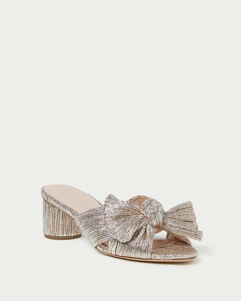 Emilia Champagne Pleated Bow Heel in champagne Italian lamé
