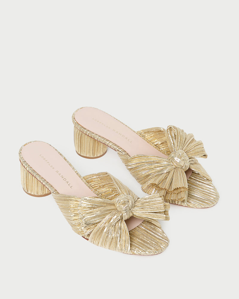 Emilia Gold Pleated Bow Heel in gold fabric.