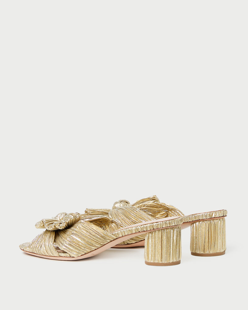 Emilia Gold Pleated Bow Heel in gold fabric.