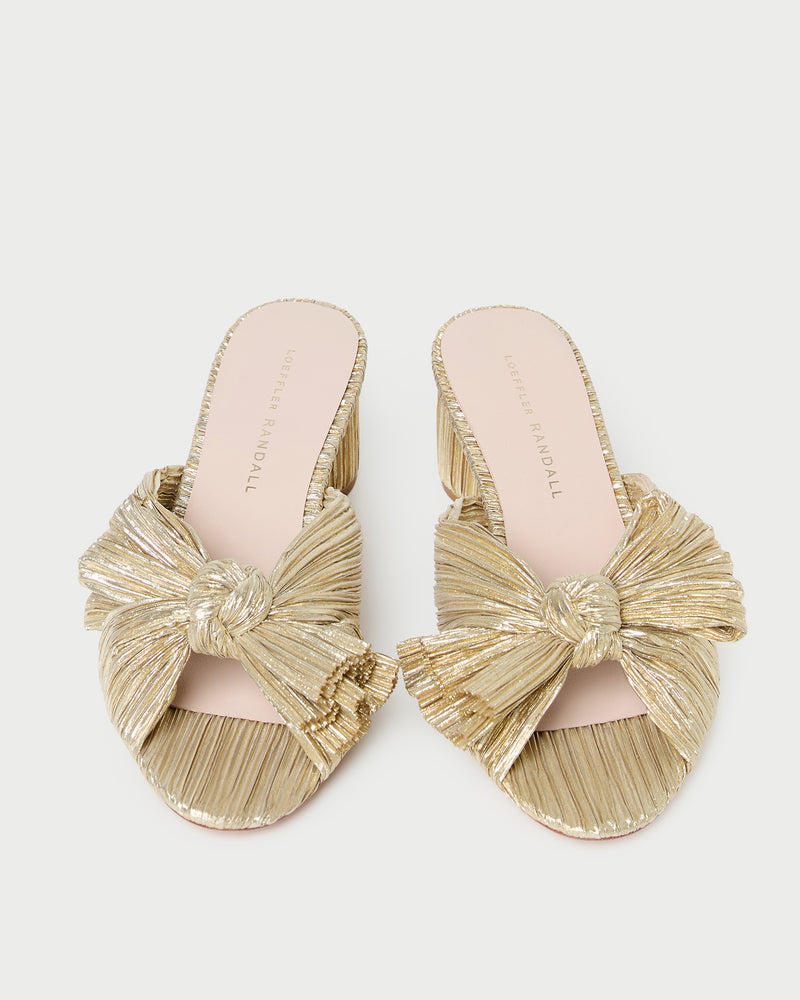 Emilia Gold Pleated Bow Heel in gold fabric.
