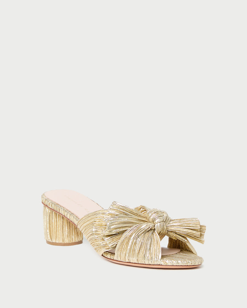 Emilia Gold Pleated Bow Heel in gold fabric.