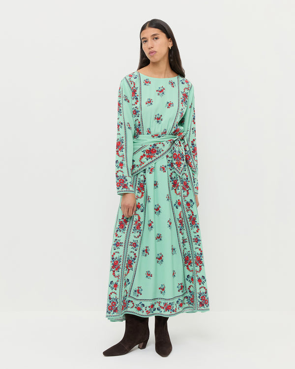 Emily Dress in mint and red floral silk and Cleo Brown Mid-Calf Boot.