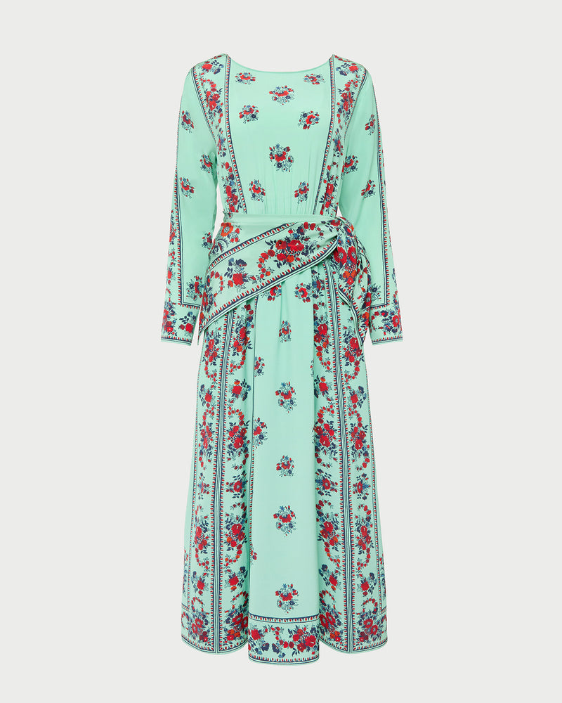 Emily Dress in mint and red floral silk.