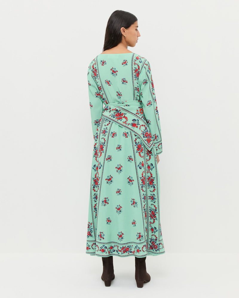 Emily Dress in mint and red floral silk and Cleo Brown Mid-Calf Boot.