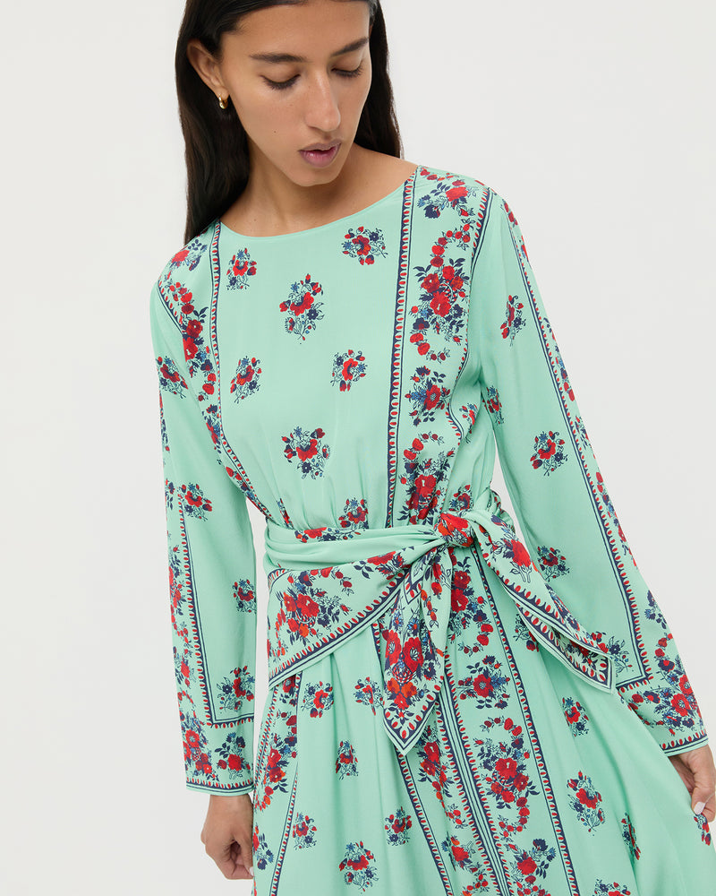 Emily Dress in mint and red floral silk.