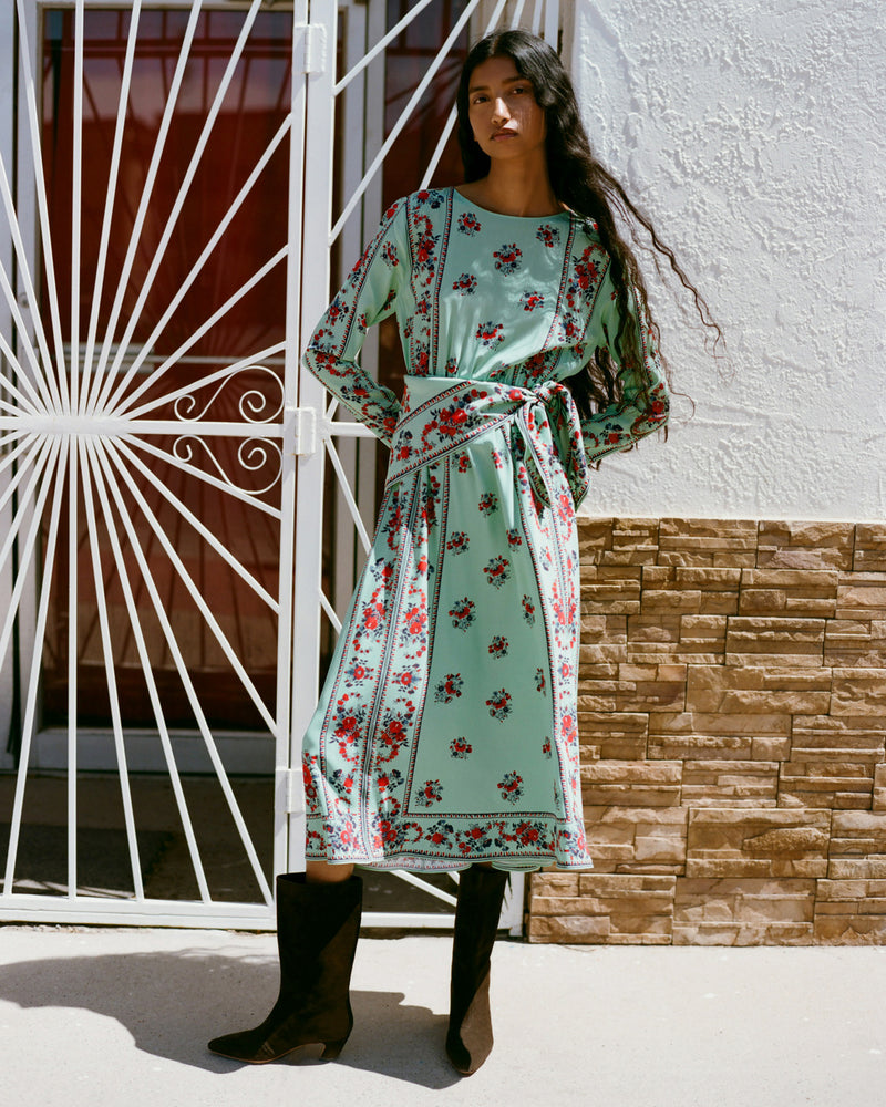 Emily Dress in mint and red floral silk and Cleo Brown Mid-Calf Boot.