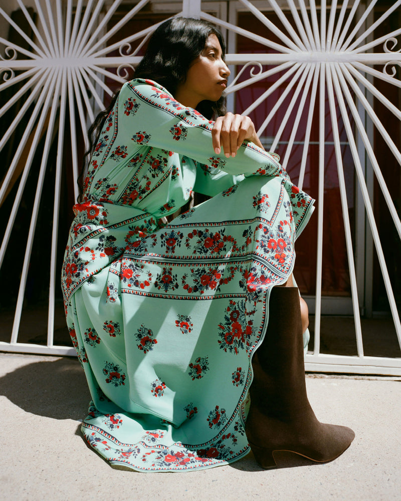 Emily Dress in mint and red floral silk and Cleo Brown Mid-Calf Boot.