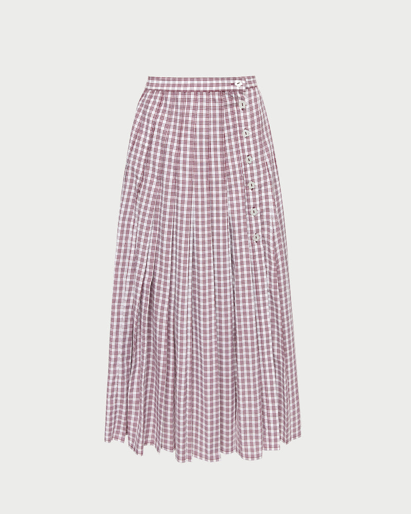 Emlyn Midi Skirt in cream, maroon, and lilac plaid cotton.