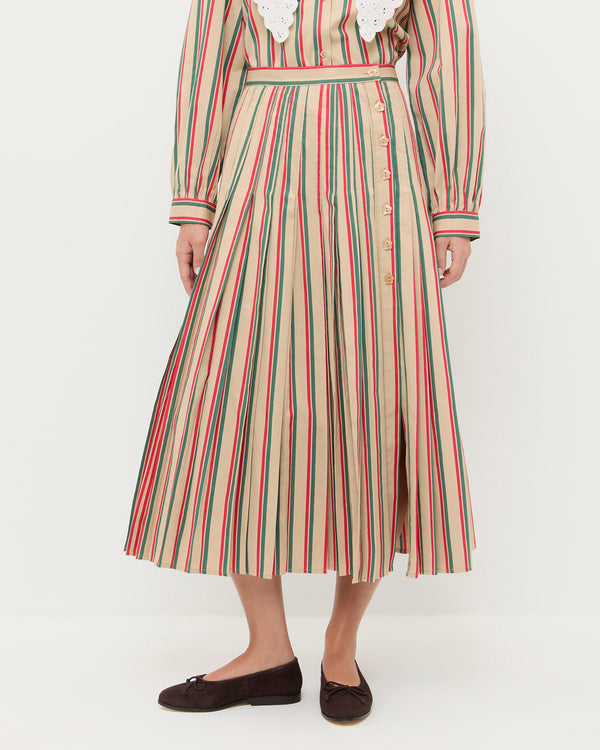Emlyn Midi Skirt in tan, green, and red striped cotton, Ken Shirt in tan, green, and red striped cotton, and Noelle Brown Suede Ballet Flat.