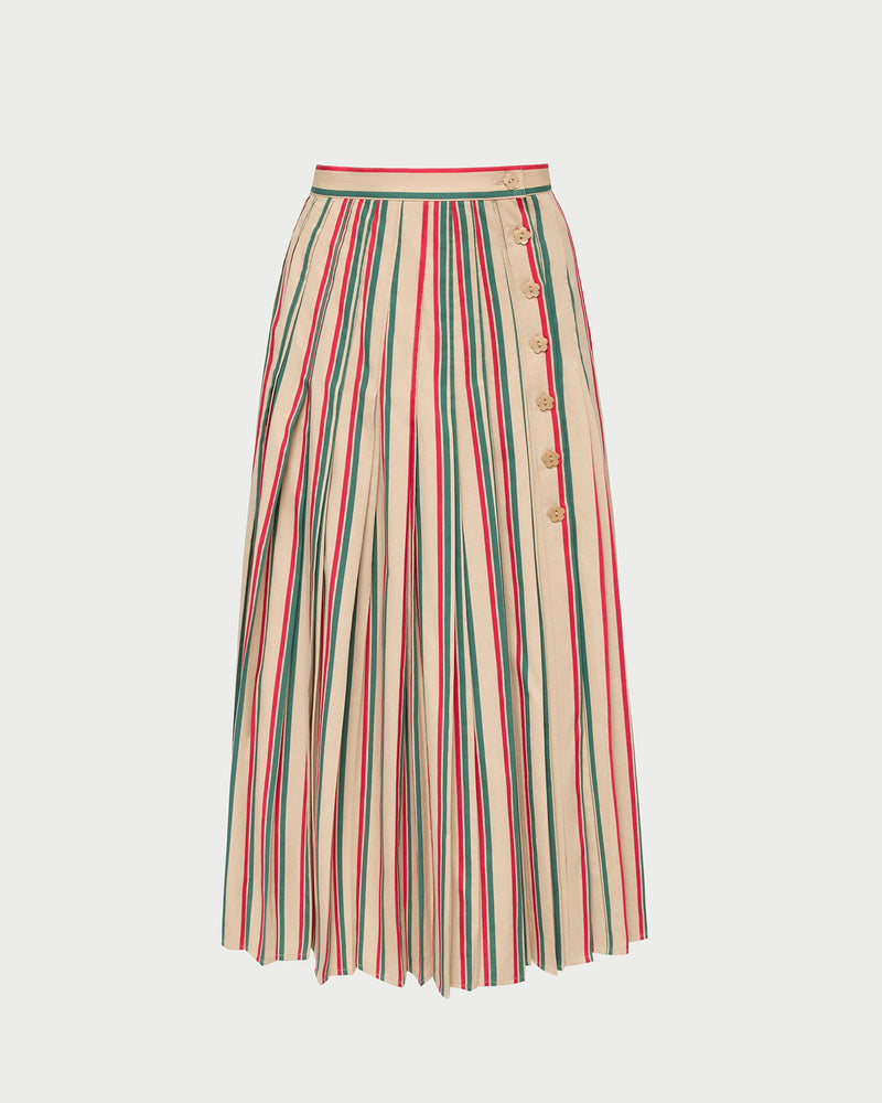 Emlyn Midi Skirt in tan, green, and red striped cotton.