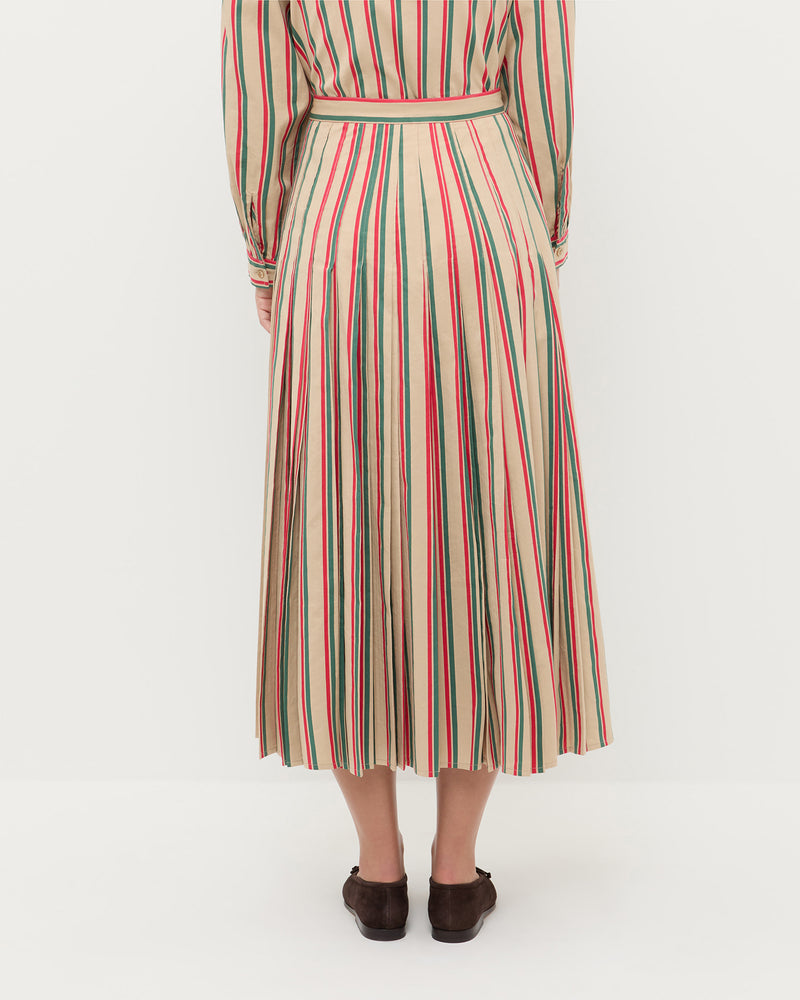 Emlyn Midi Skirt in tan, green, and red striped cotton, Ken Shirt in tan, green, and red striped cotton, and Noelle Brown Suede Ballet Flat.
