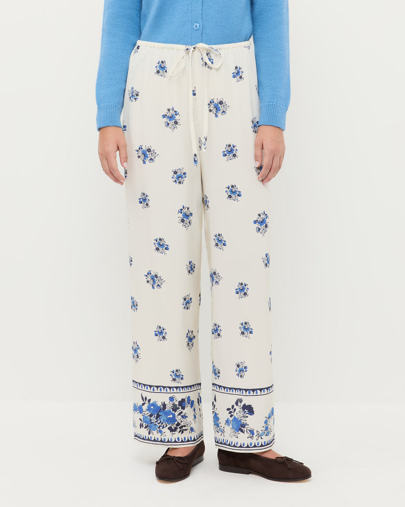 Esha Pant in cream and blue silk, Wynn Cardigan in cornflower blue wool, and Noelle Brown Suede Ballet Flat.