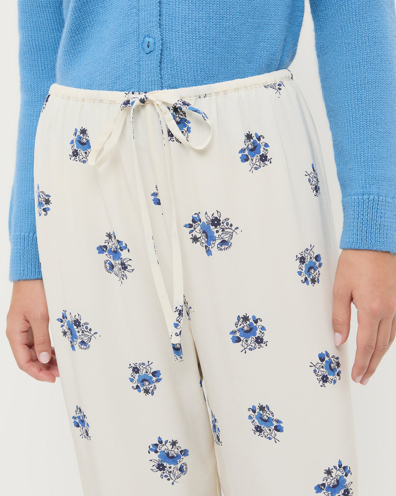 Esha Pant in cream and blue silk and Wynn Cardigan in cornflower blue wool.