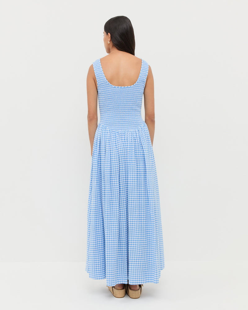 Estelle Dress in blue gingham cotton and Nico Natural Two-Band Sandal.