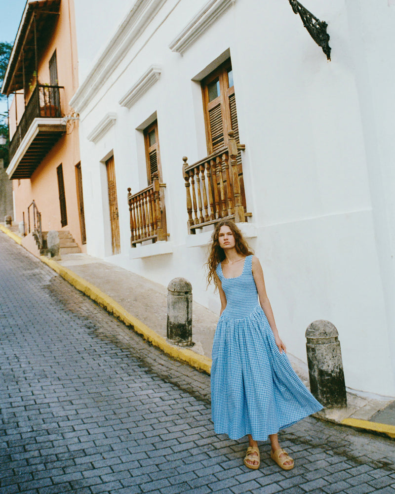 Estelle Dress in blue gingham cotton and Nico Natural Two-Band Sandal.