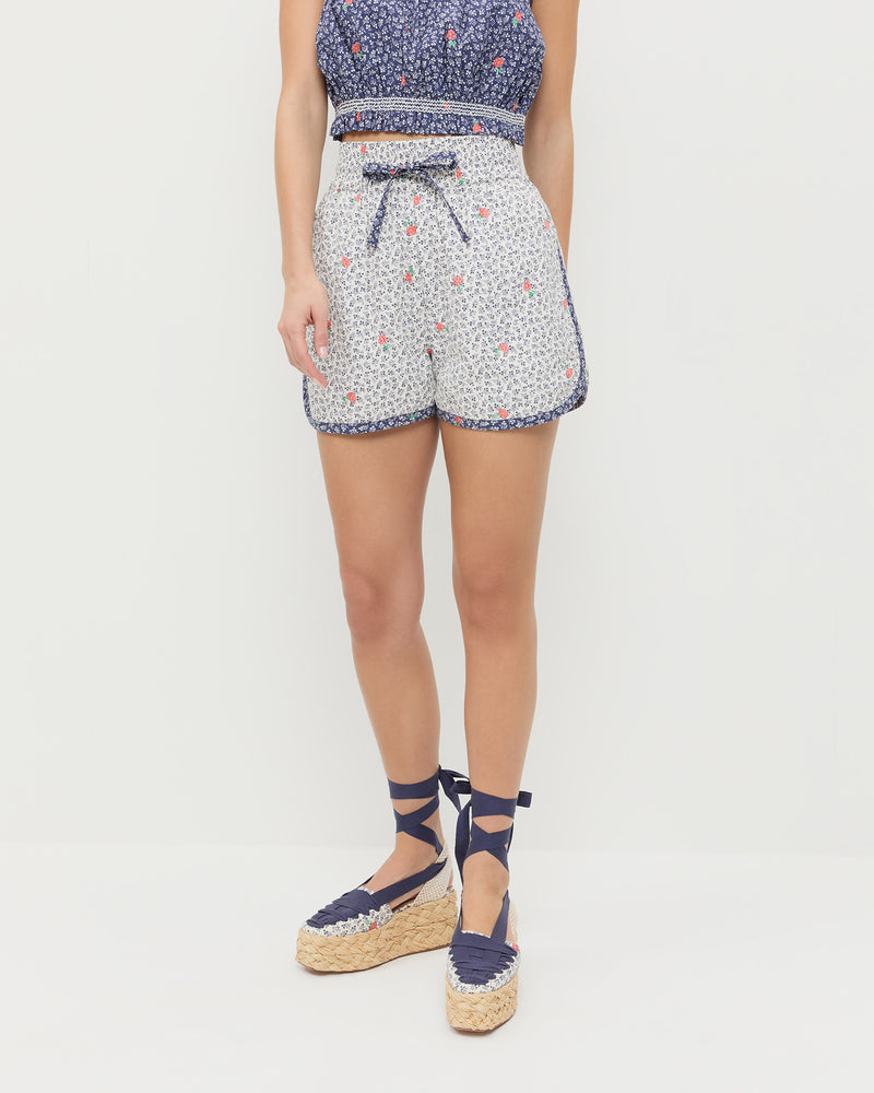 Flynn Quilted Short in white floral cotton, Maggie Camisole in navy floral cotton, and Mason Natural/Floral Platform Espadrille.