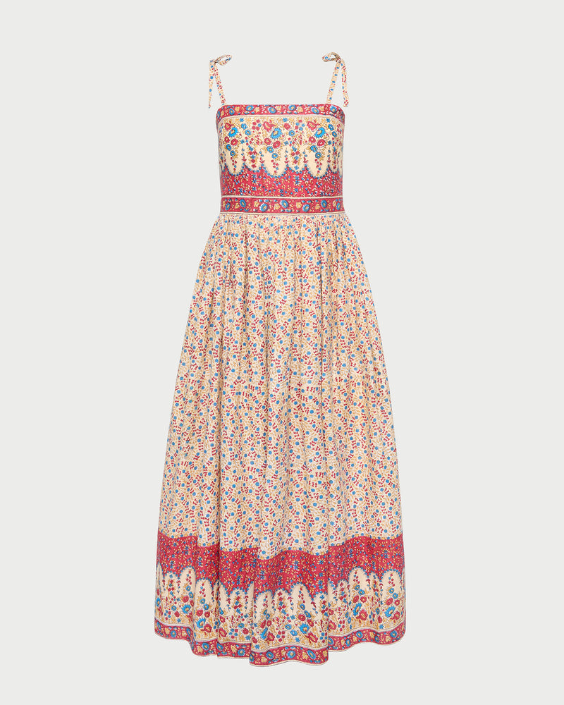 Gaia Dress in butter/red hand block printed floral.