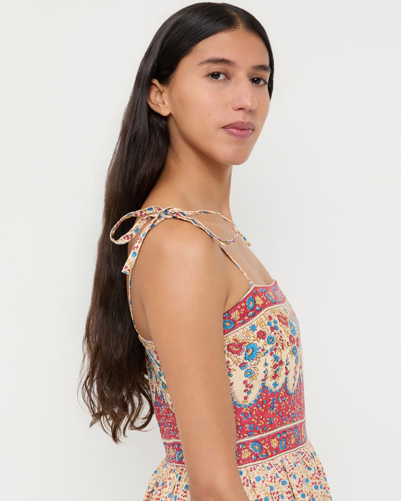 Gaia Dress in butter/red hand block printed floral.