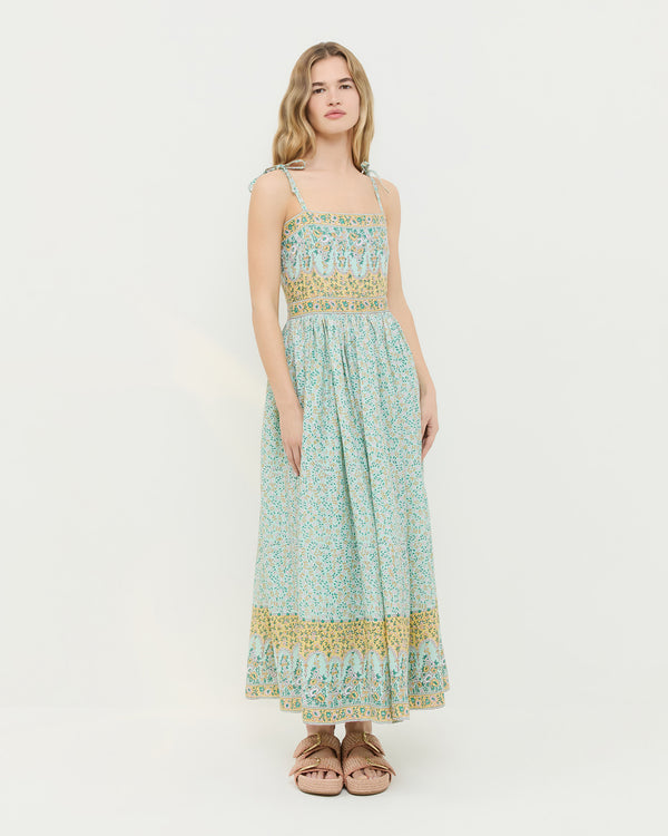 Gaia Dress in mint and yellow floral ramie and Nico Blush Two-Band Sandal. 