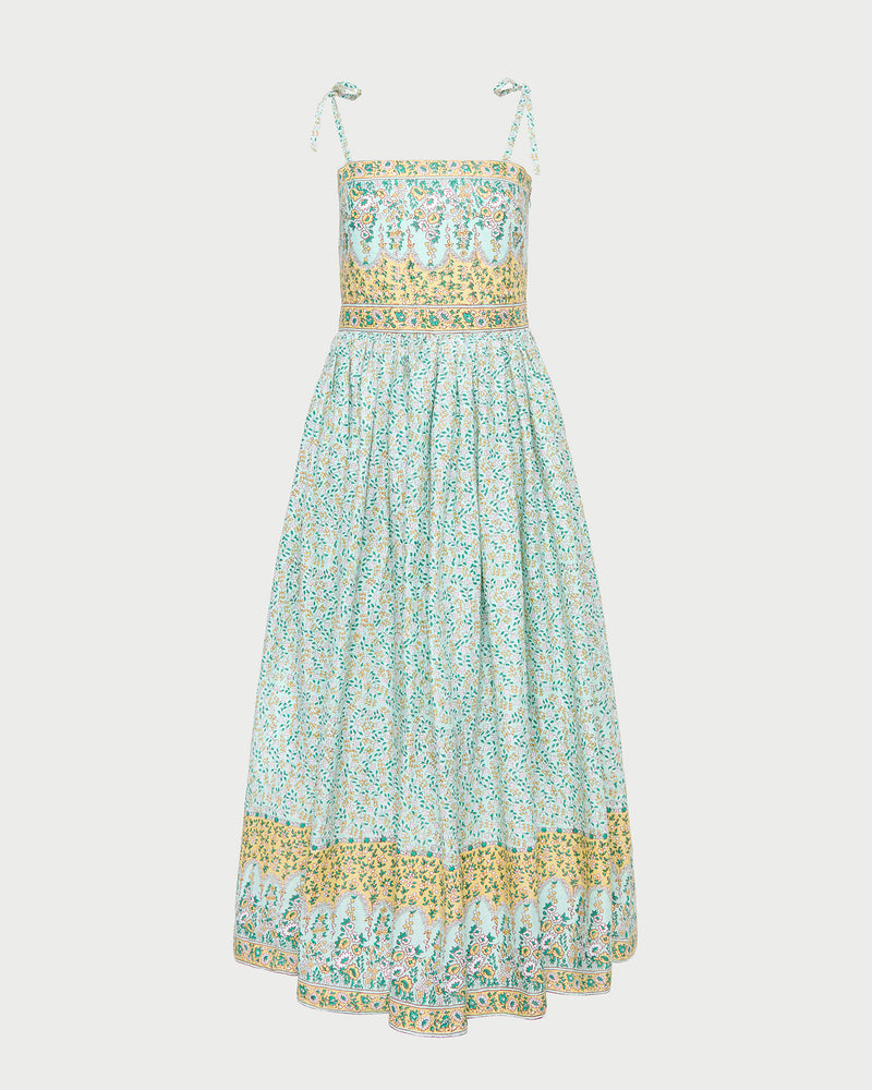 Gaia Dress in mint and yellow floral ramie. 