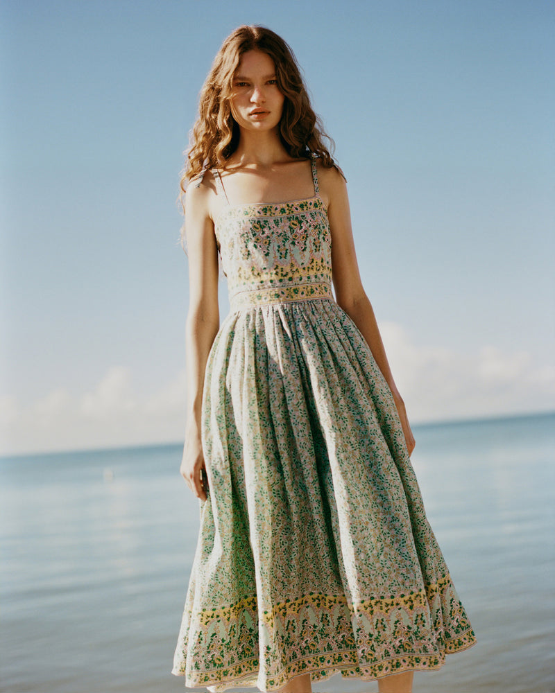 Gaia Dress in mint and yellow floral ramie. 