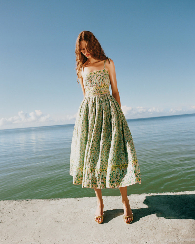 Gaia Dress in mint and yellow floral ramie and Dixie Gold Leather Kitten Heel. 