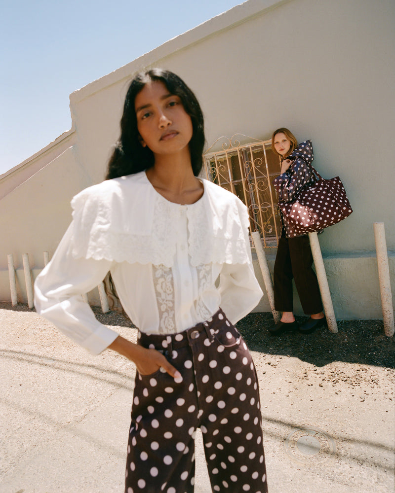 Gail Blouse in white cotton and Winona Denim Pant in brown and cream polka dot denim.
