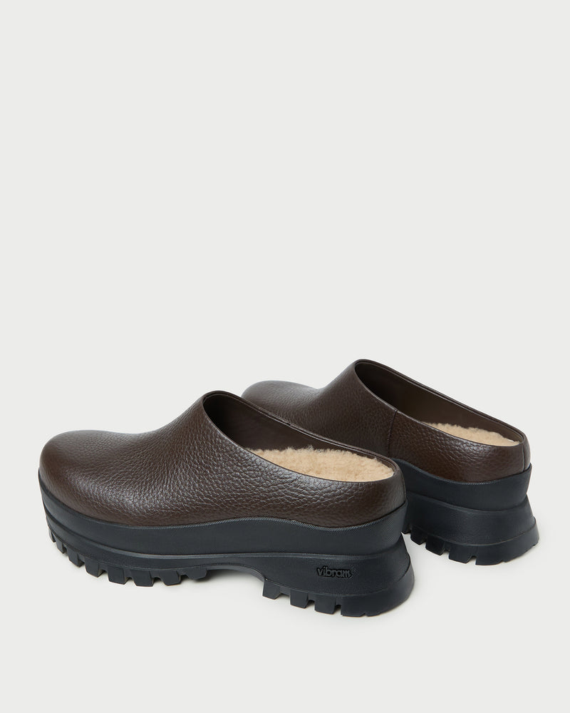 Gemma Brown Leather Lug Mule in brown pebbled leather.