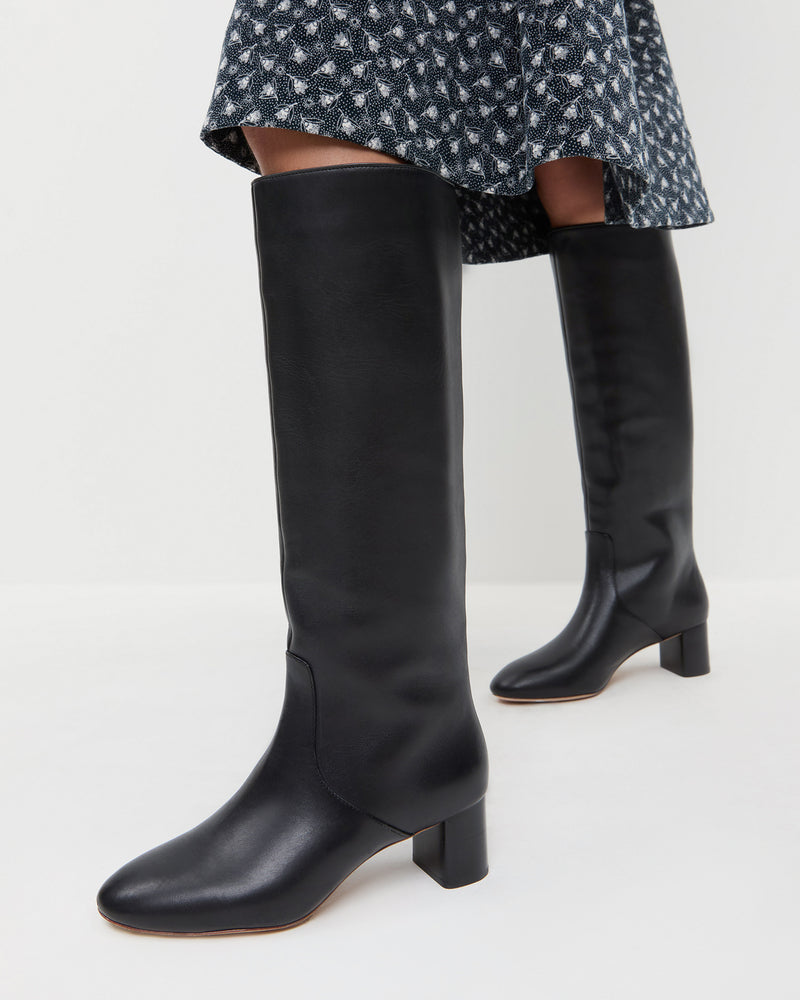 Gia Black Leather Tall Boot in black leather and Maxwell Dress in Blue Floral pattern.