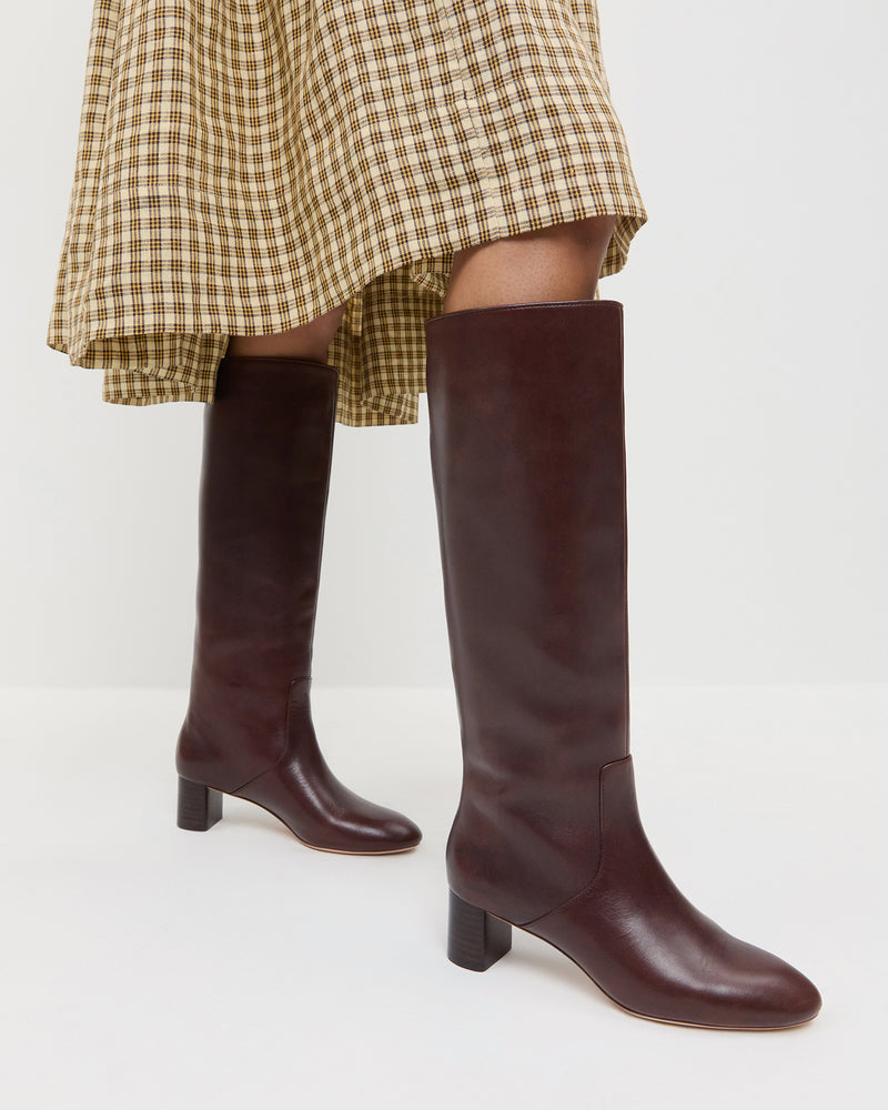 Gia Espresso Leather Tall Boot in espresso leather and Gillian Puff Sleeve Dress in brown plaid.