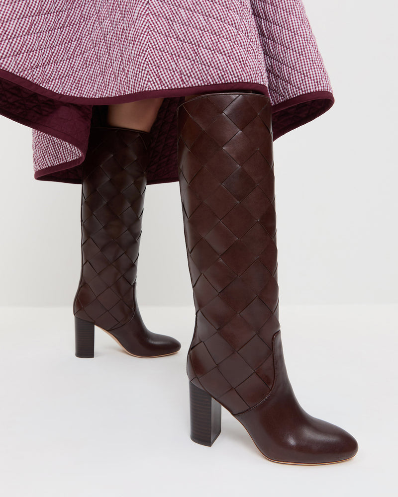 Goldy Espresso Woven Leather Tall Boot in espresso woven leather and Clara Quilted Skirt in maroon gingham.