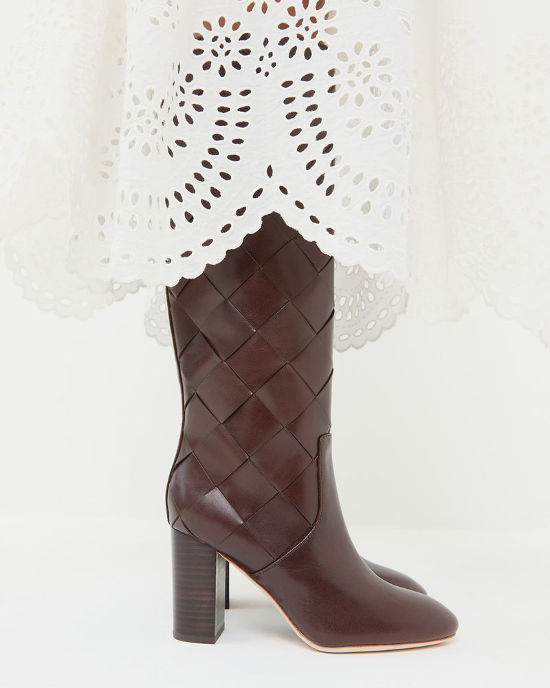 Goldy Espresso Woven Leather Tall Boot in espresso woven leather.