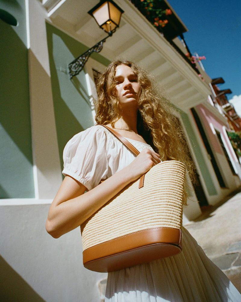 Granger Straw Basket in Natural Straw Cognac and Nadya Dress in white cotton.