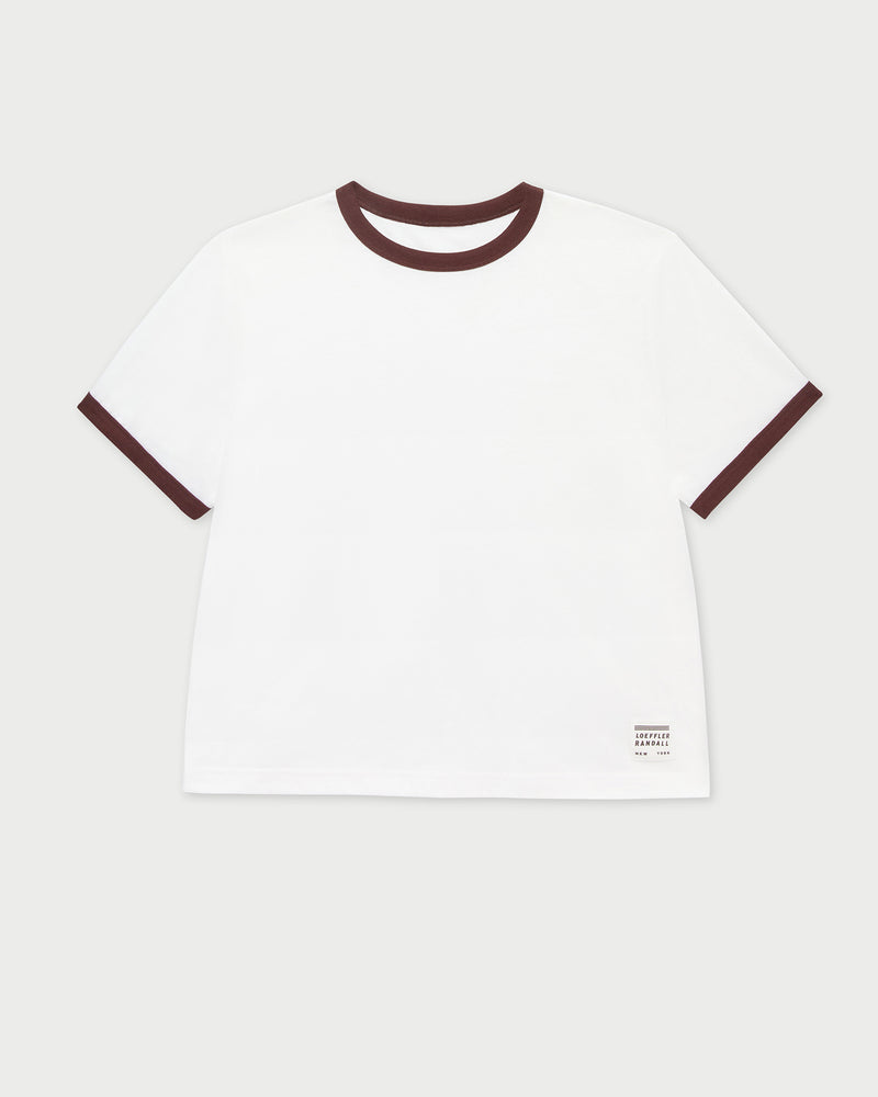 Harly Tee in white cotton with brown accents.