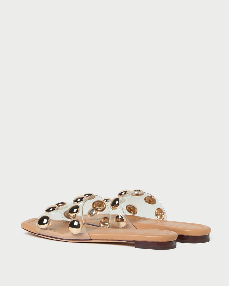 Hayes Studded Sandal in Dune/Champagne leather.