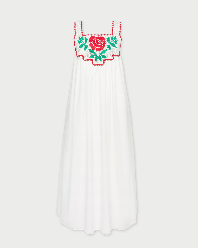Hetty Dress in white cotton with hand embroidered crochet flower.