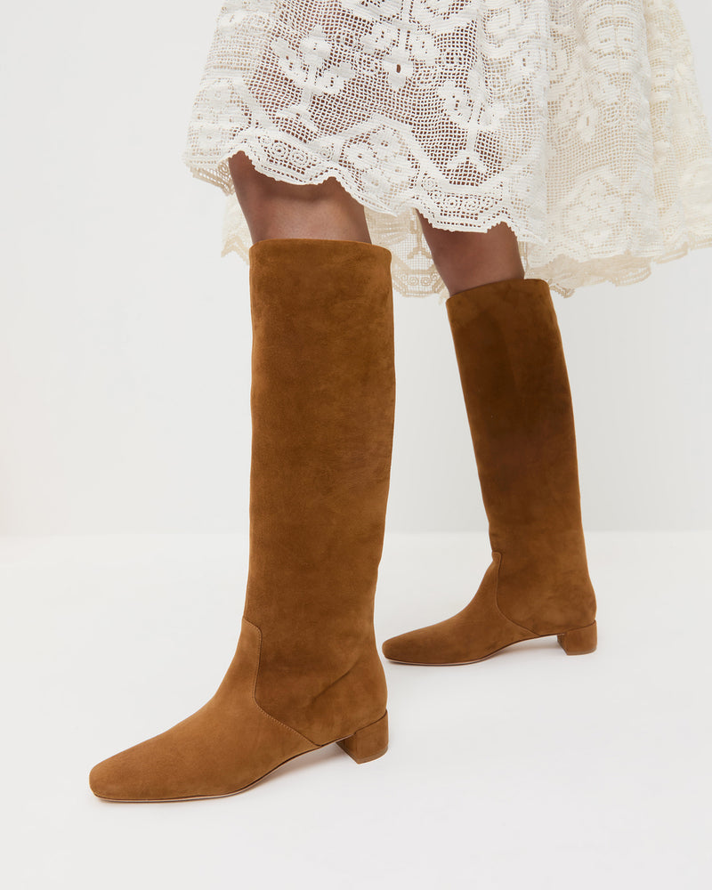 Indy Cacao Suede Tall Boot in cacao brown suede and Jo Puff Sleeve Dress in cream cotton.