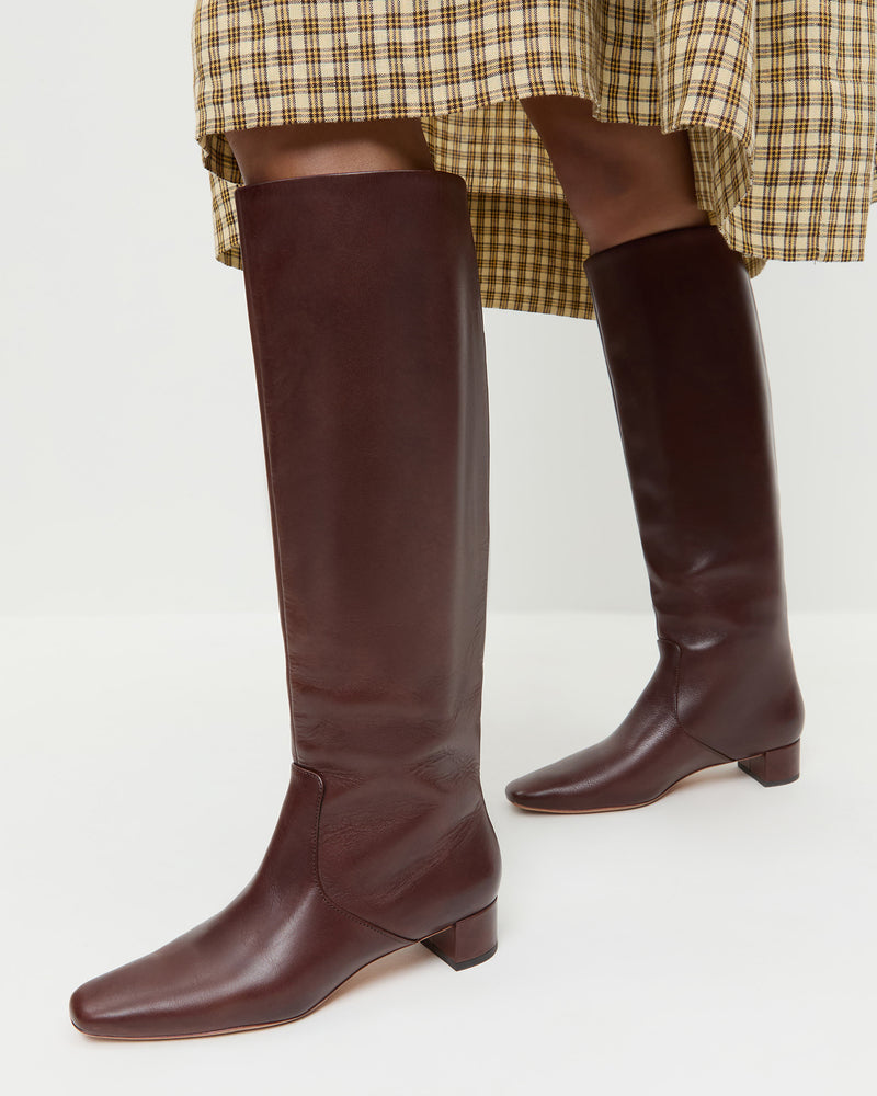 Indy Espresso Leather Tall Boot in espresso brown leather and Gillian Puff Sleeve Dress in brown butter plaid linen.
